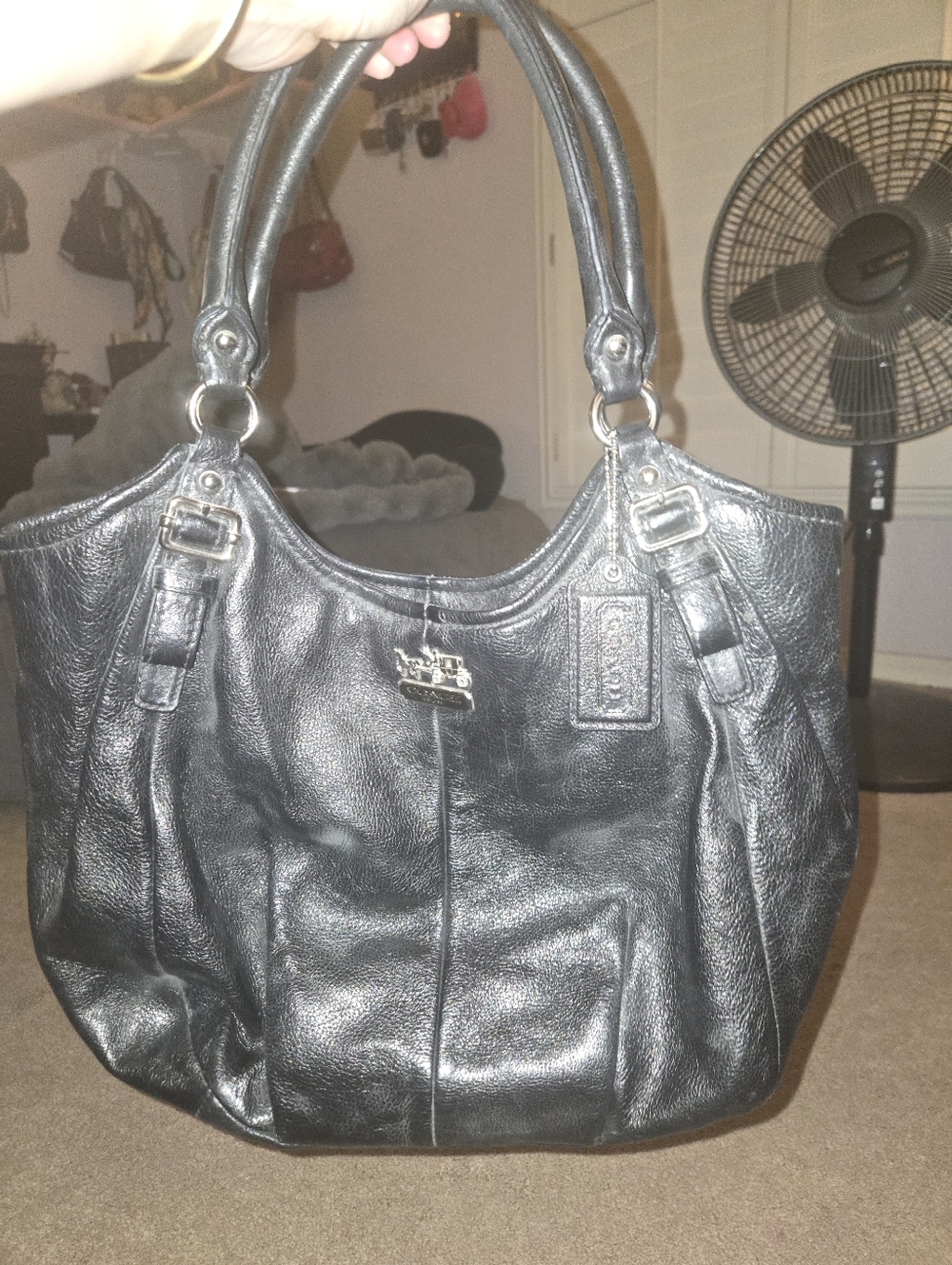 COACH Black Leather Hobo Tote with Signature Plaque - Picture 5 of 7